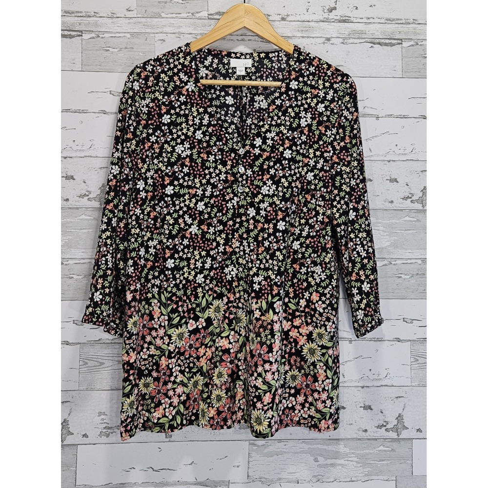 J Jill Women Black Floral Rayon V-Neck Tunic Top 3/4 Sleeve Size L